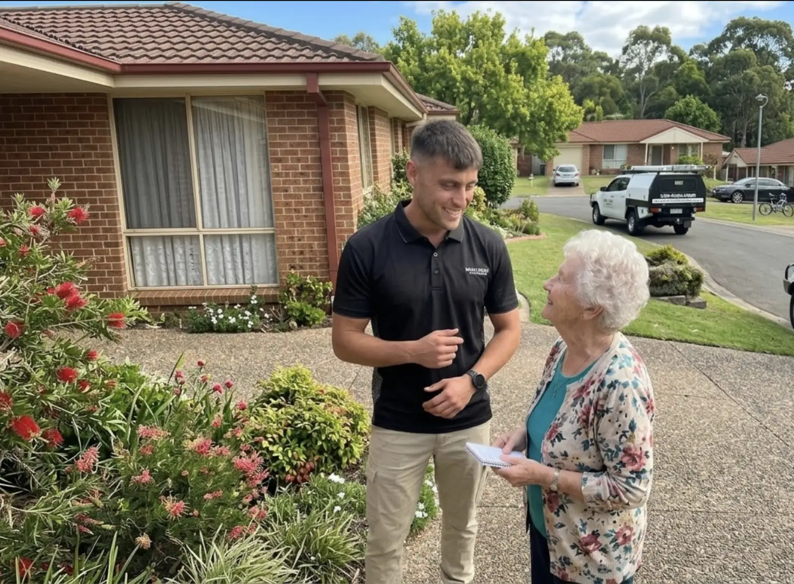 Ben talking through a quote with a client outside her Western Sydney home